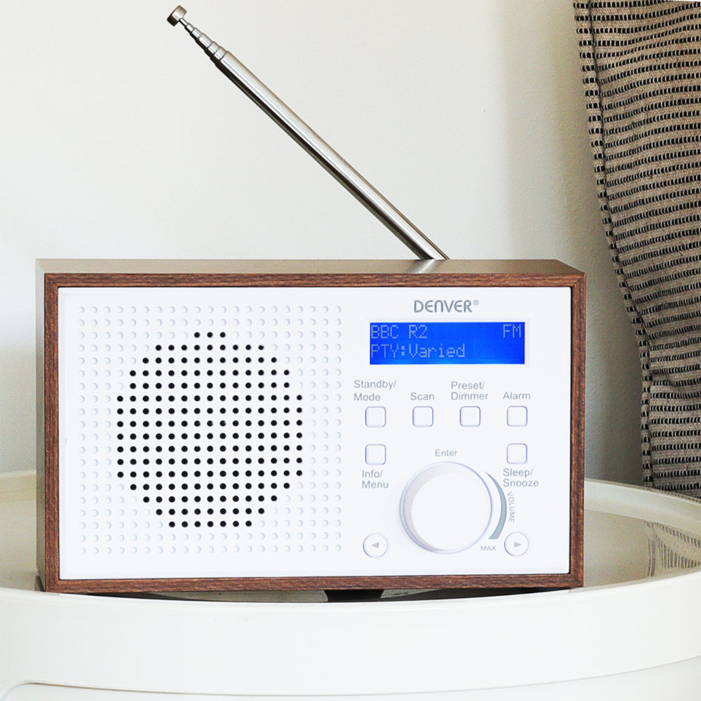 Denver DAB-46 DAB / DAB+ Digital & FM Portable Radio with Dual Alarm Clock – Mains & Battery, Snooze & Sleep, Real Wood Effect & White Finish - Image 8