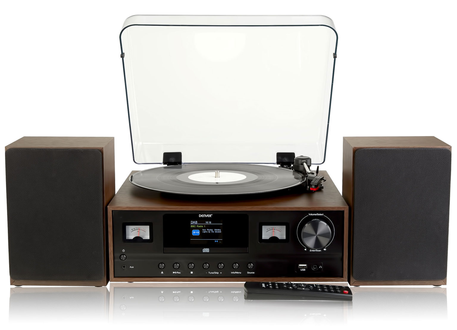 Denver MRD105 Dark Wood 7in1 Record Player HiFi System With 2.4