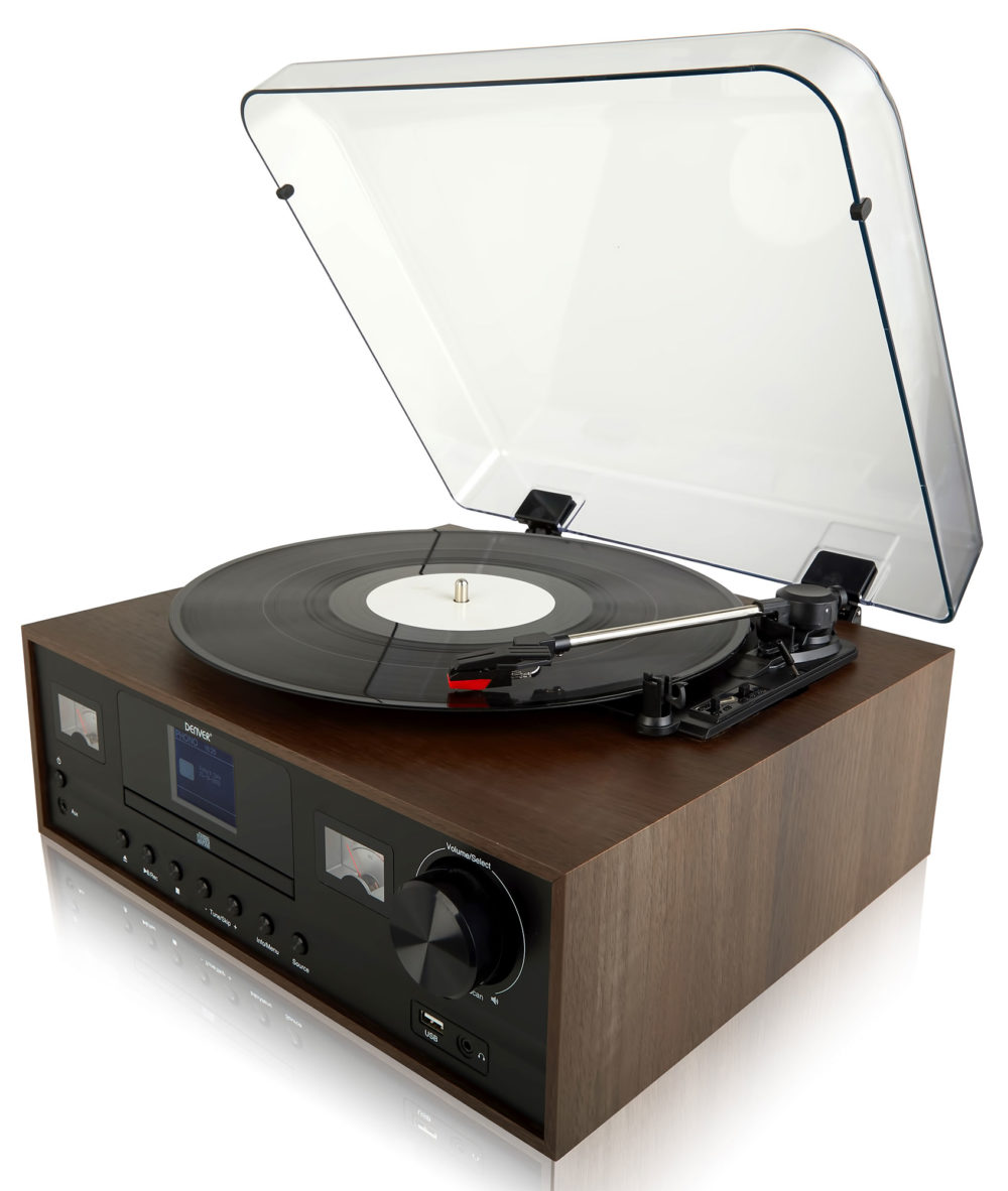 Denver MRD-105 Dark Wood - 7-in-1 Record Player Hi-Fi System With 2.4-inch Colour Screen - CD Player, Bluetooth, DAB/DAB+ & FM Radio, USB, Aux In, Remote Control, Wooden Body & Speakers - Image 3