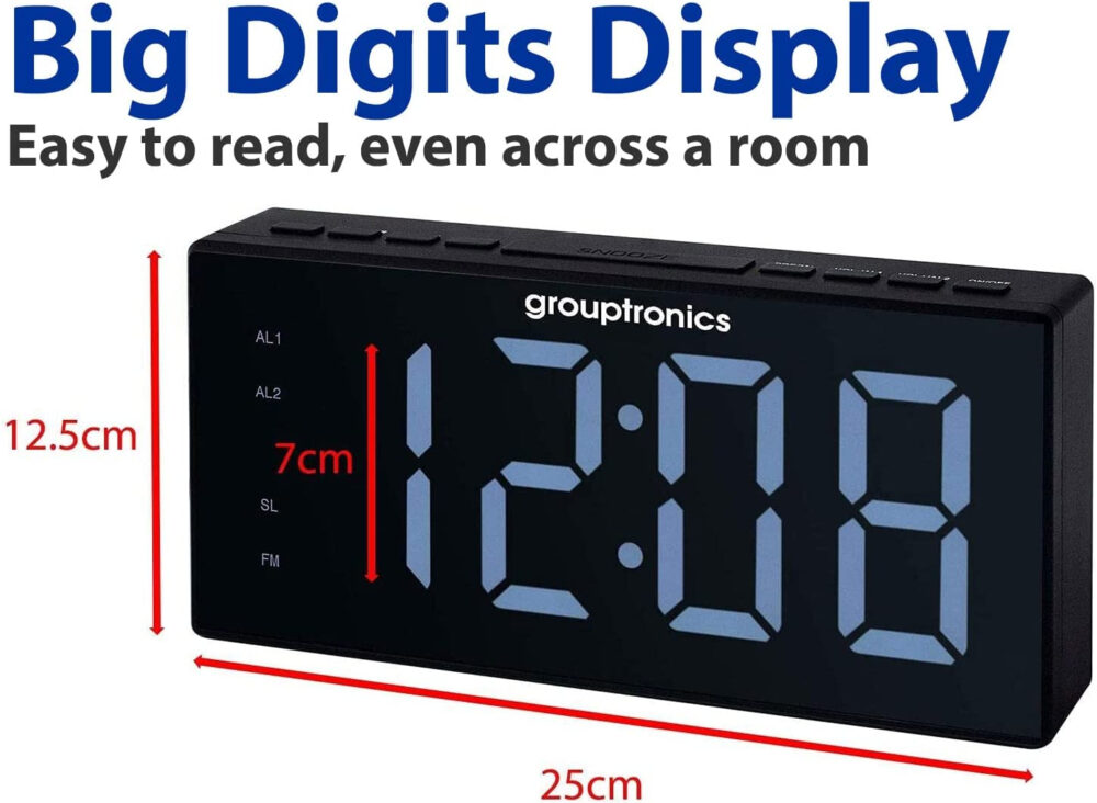 Grouptronics White GTCR-T1M 9″ Large Display Digital Alarm Clock Radio – Mains Powered, Bedside/Kitchen, No-Tick, Dual Alarm, Dimmable Display, Battery Back-Up - Image 3