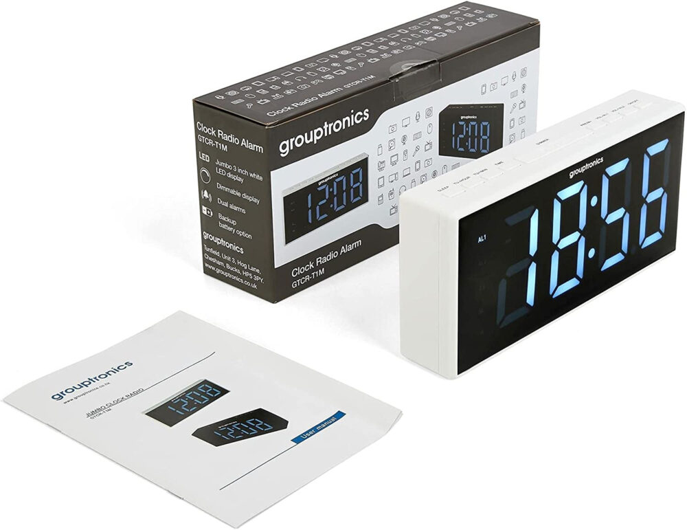 Grouptronics White GTCR-T1M 9″ Large Display Digital Alarm Clock Radio – Mains Powered, Bedside/Kitchen, No-Tick, Dual Alarm, Dimmable Display, Battery Back-Up - Image 7