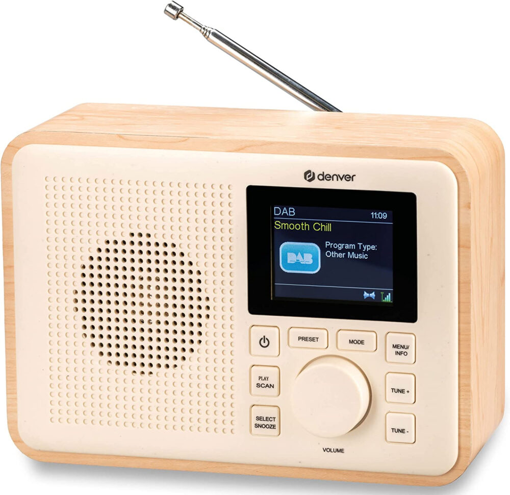 Denver DAB-60 Portable DAB+ Digital Bluetooth Radio Made of BioPlastics – With FM, Dual Alarm, Battery/Mains Powered