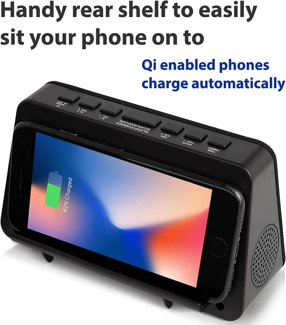 Grouptronics GTQ-RENEW Wireless Charging Alarm Clock FM Radio - Dimmable Display, USB Charging, Dual Alarms, No Tick - Image 11