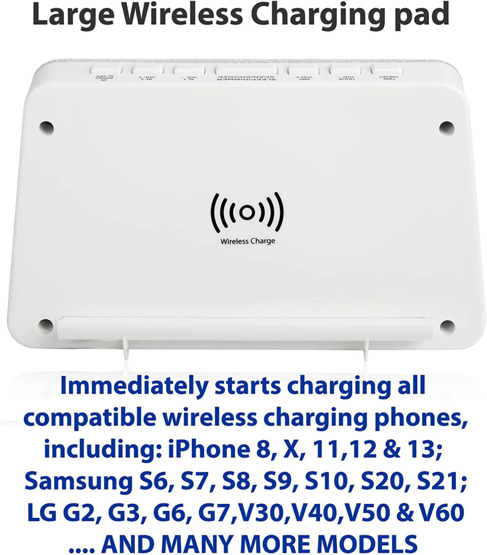 Grouptronics GTQ-RENEW Wireless Charging Alarm Clock FM Radio - Dimmable Display, USB Charging, Dual Alarms, No Tick - Image 6