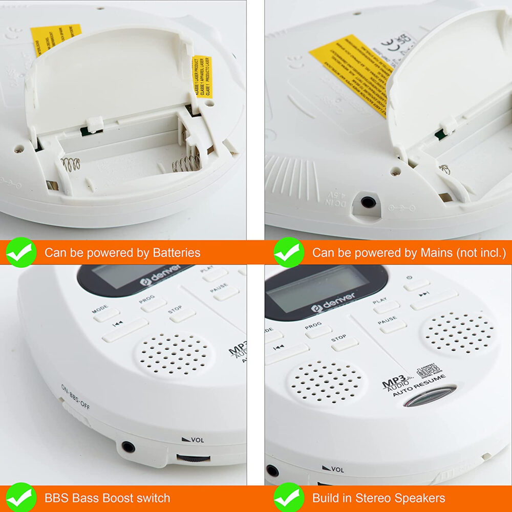 Denver DMP-395 Portable CD Player With Speakers - MP3 & Audio Book Support, 40 Second Antishock & Resume - Image 3
