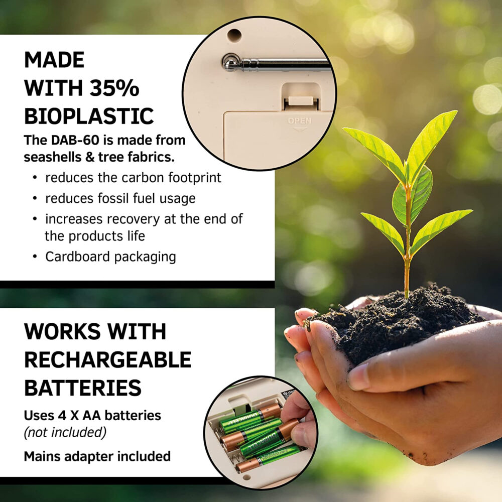 Denver DAB-60 Portable DAB+ Digital Bluetooth Radio Made of BioPlastics – With FM, Dual Alarm, Battery/Mains Powered - Image 2