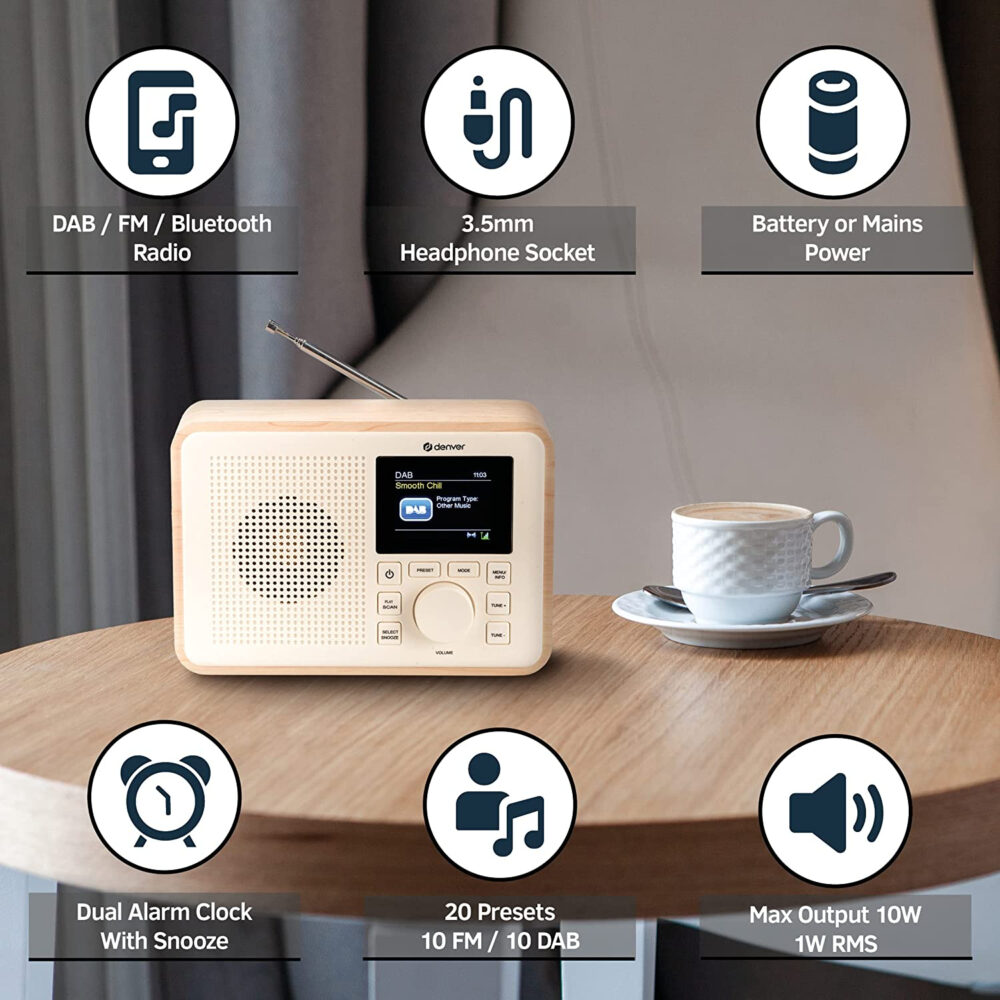 Denver DAB-60 Portable DAB+ Digital Bluetooth Radio Made of BioPlastics – With FM, Dual Alarm, Battery/Mains Powered - Image 3